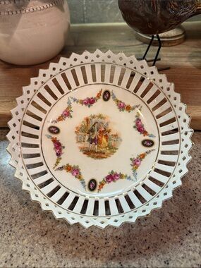 Reticulated Bowl - Antique German Courting Scene - Floral and Gold Trim